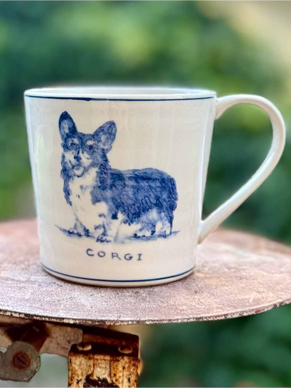 Anthro Molly Hatch Corgi Mug Blue White Ceramic Dog Coffee Cup 16oz